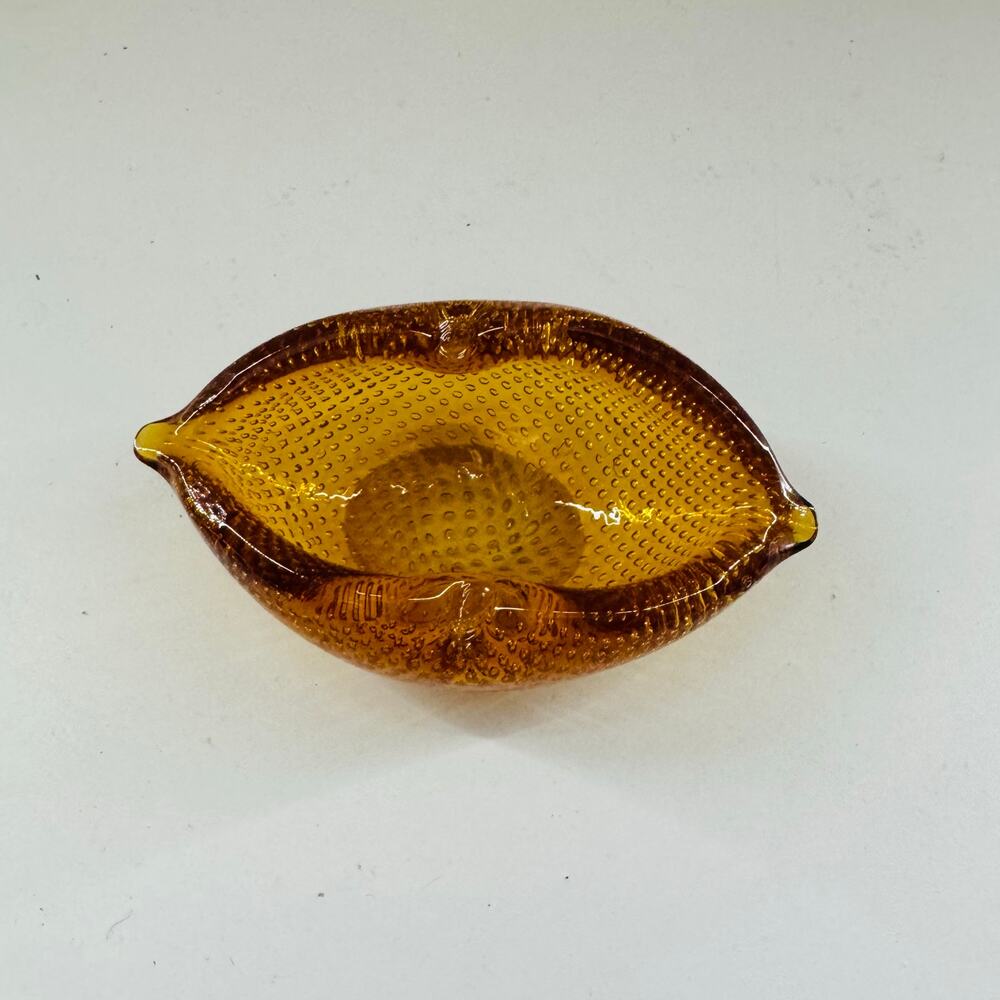 Vintage Amber MCM Blown Bubble Art Glass Dish Ashtray